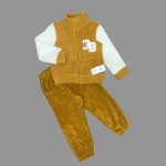 1-2-3 Yaş Kuzu Kumaş Fermuarlı Sweat Kadife Pantolonlu Uzun Kollu Kız Erkek Çuk 2li Takım Hardal