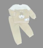 1-2-3 Yaş Ponponlu Zürafa Desenli Kuzu Kumaş Uzun Kollu 2li Kız Erkek Çuk Takımı Bej