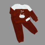 1-2-3 Yaş Ponponlu Zürafa Desenli Kuzu Kumaş Uzun Kollu 2li Kız Erkek Çuk Takımı Kahverengi