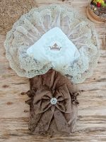 Yenidoğan Saray Kadife Taç Nakışlı İnci Fiyonklu Çift Dantel Duvak Trilüks Kundak Bebek Battaniyesi Kahverengi