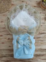 Yenidoğan Soft Kumru Melek Kanat Fiyonklu Gold Çift Dantel Duvaklı Trilüks Kundak Bebek Battaniyesi Mi